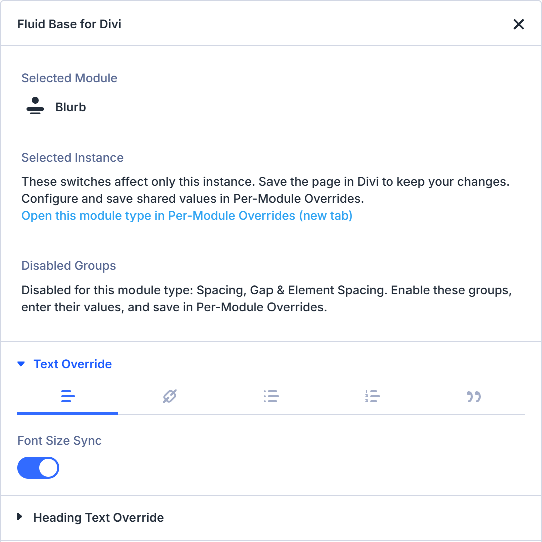 Fluid Base controls for a selected Blurb module in the Divi 5 Builder.
