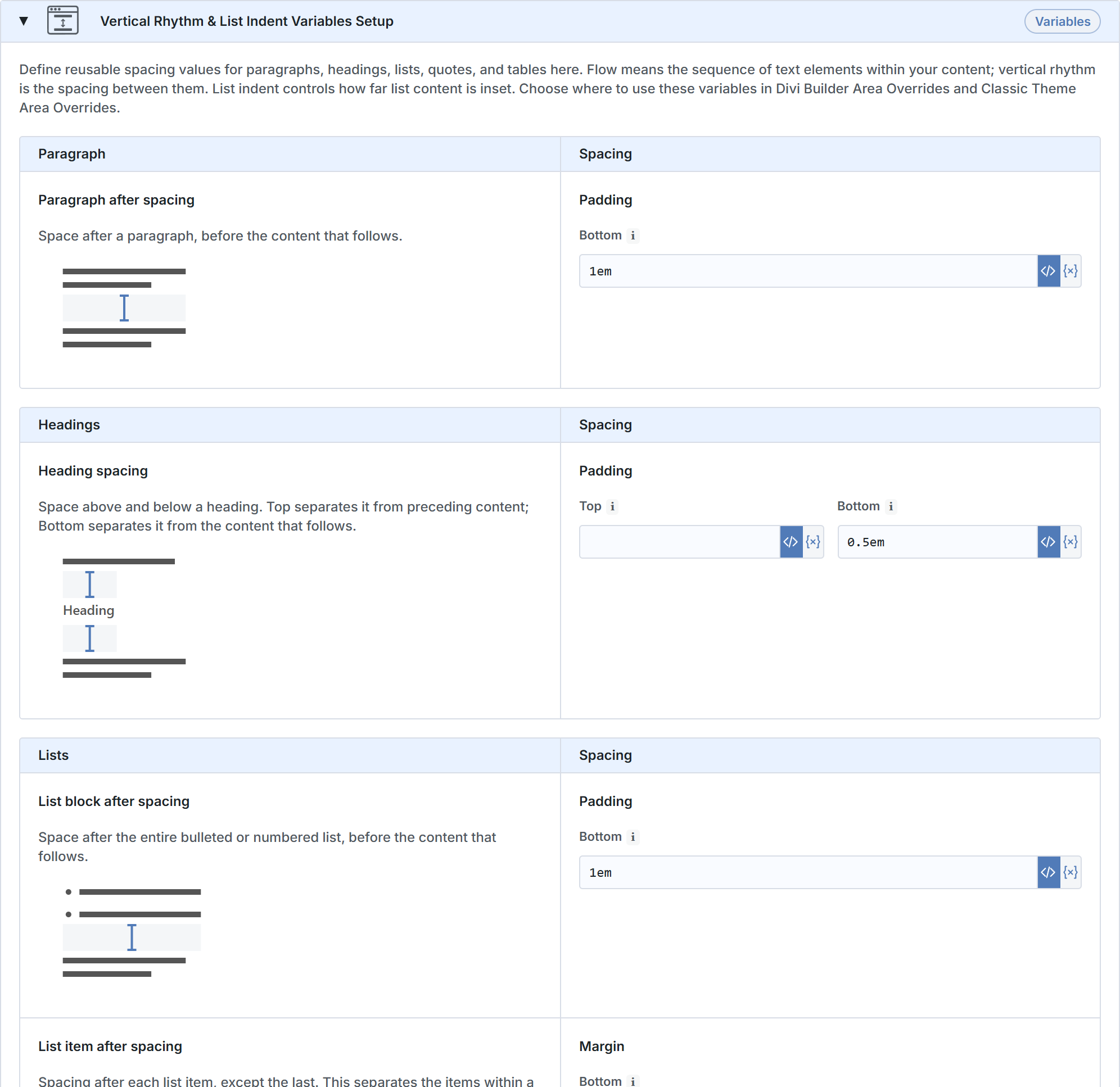 Fluid Base Flow settings with spacing visualizations and current CSS and variable input controls.