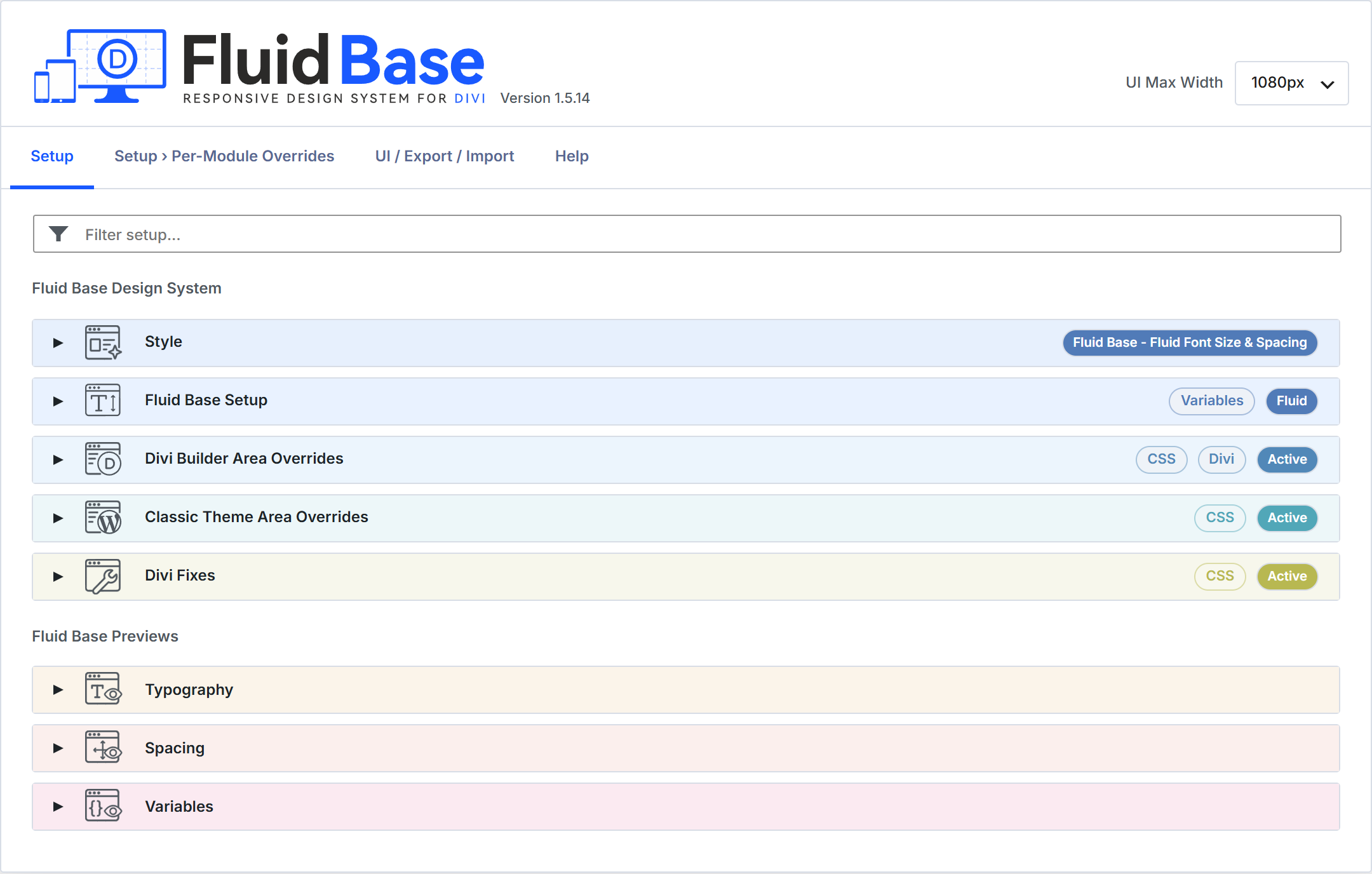 Fluid Base 1.5.14 setup overview with the UI Max Width control.